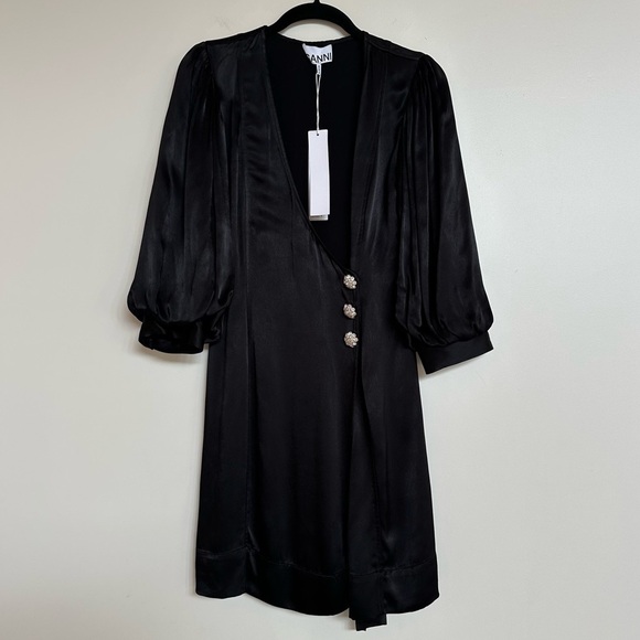 GANNI Heavy Satin Wrap Dress Size US 4 NEW NWT - Picture 2 of 15
